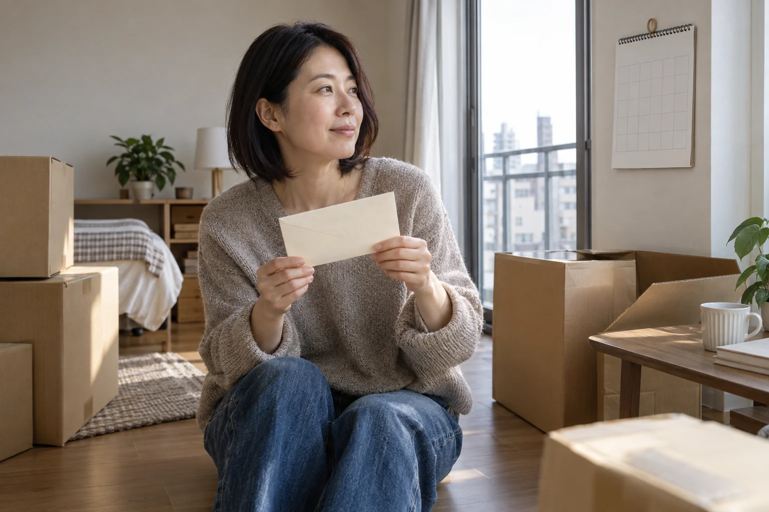 転居した部屋で友人からの便りを手に取る日本人女性
