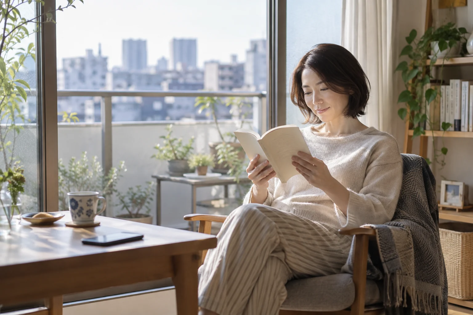 スマートフォンを離し、自宅の窓辺で読書をする日本人女性