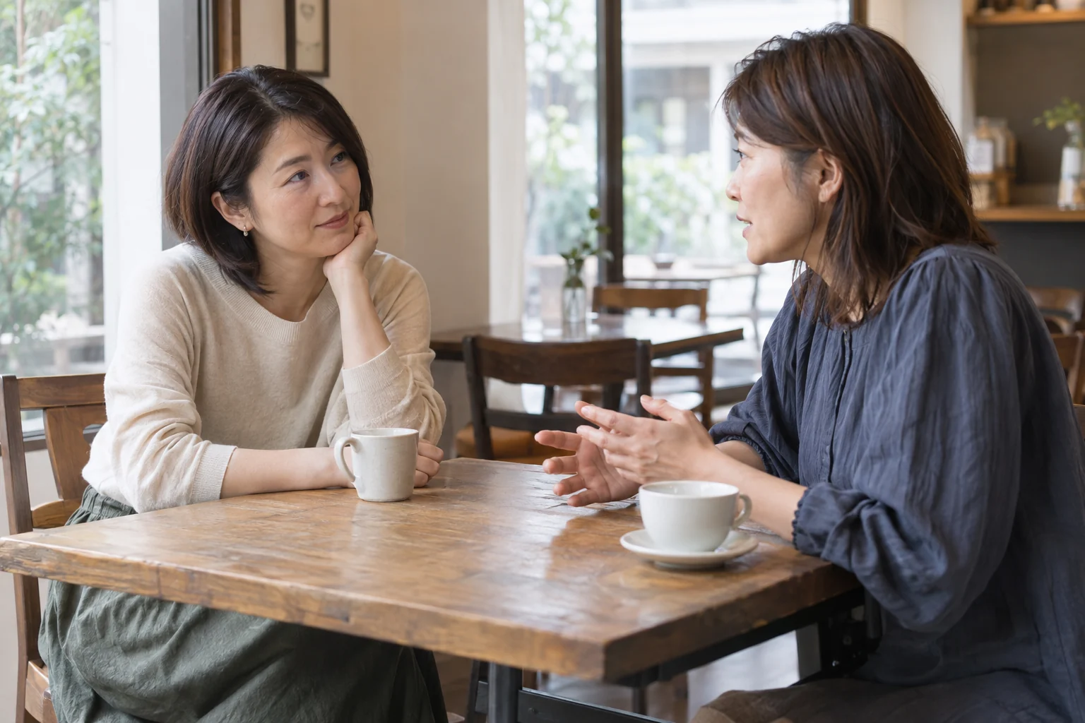 カフェで相手の話を聞く二人の日本人女性