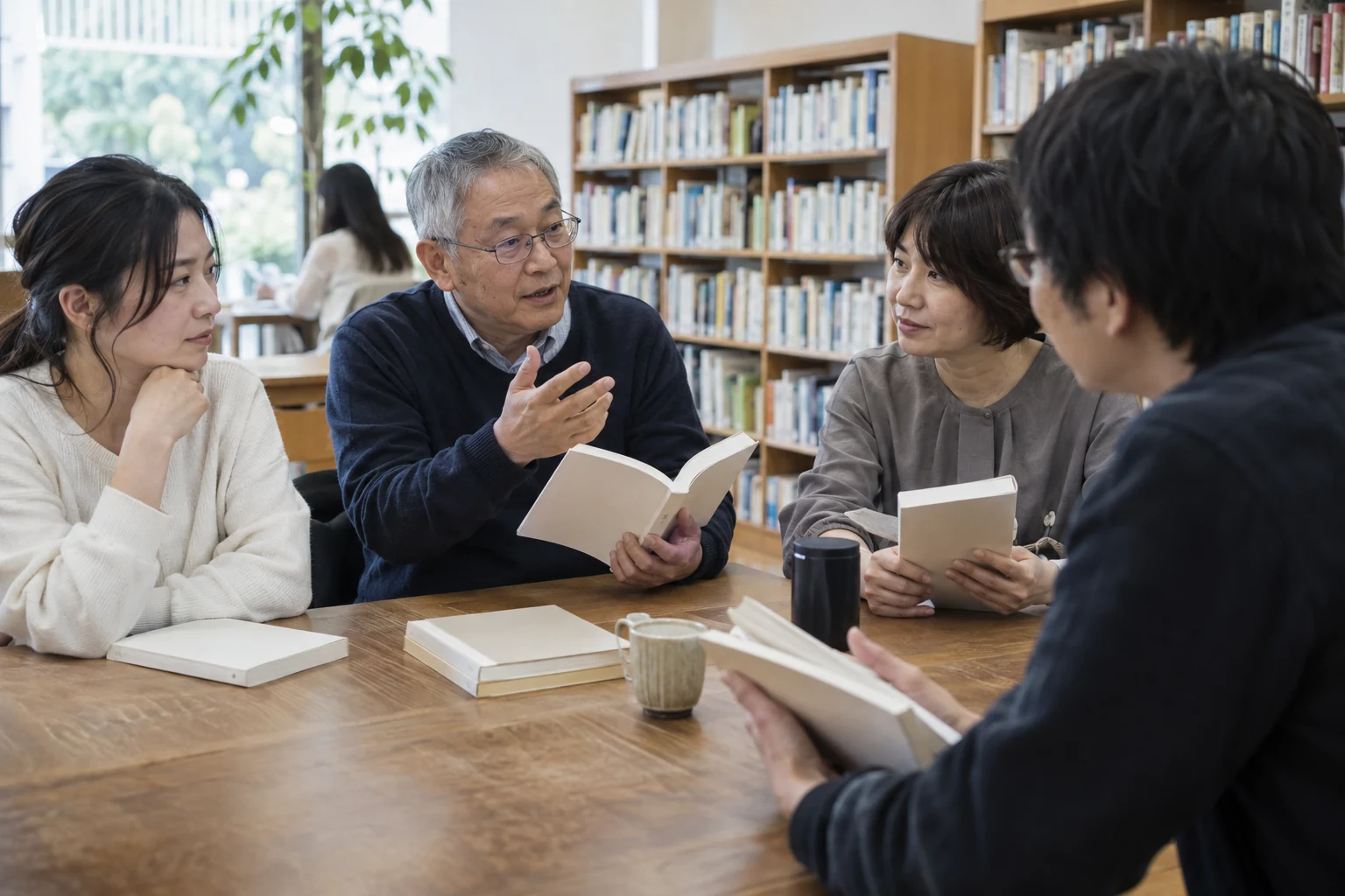 日本の図書館で大人が少人数の読書会に参加している様子