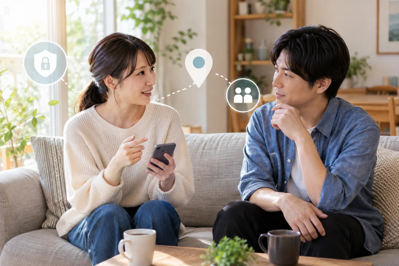 ひとり暮らしの女性が友人との位置情報共有の目的を考えている様子