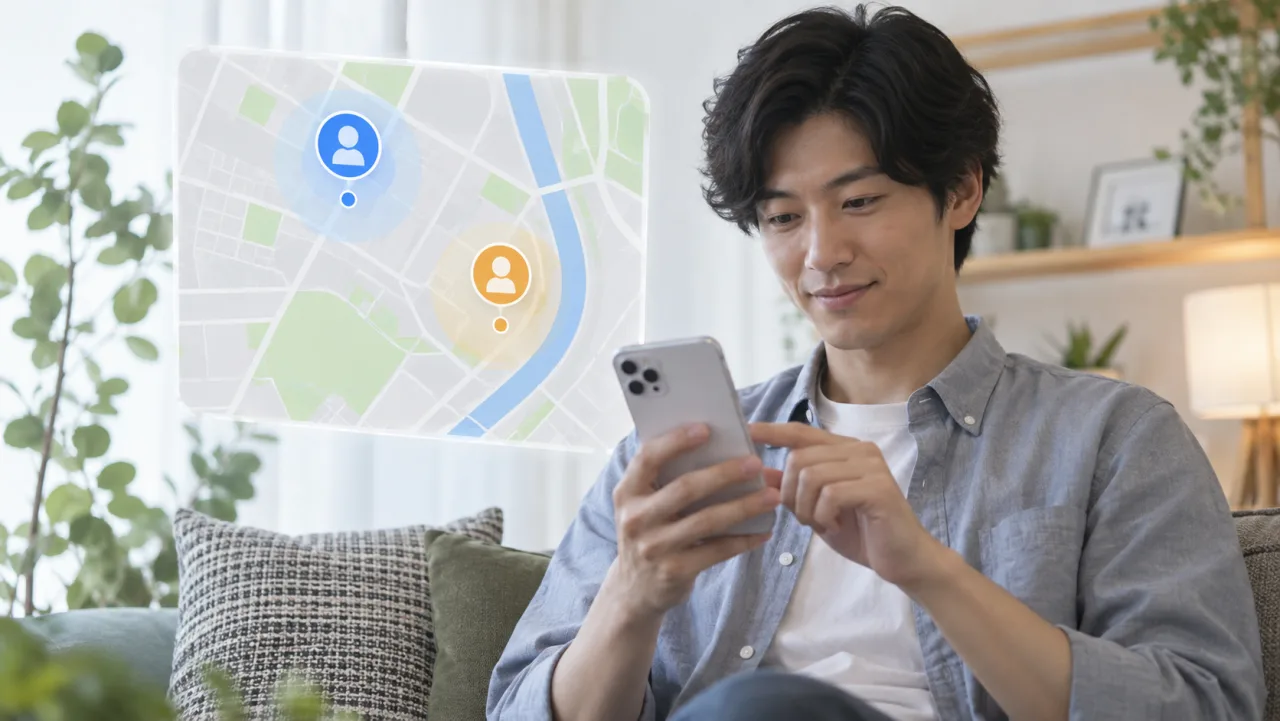 友人と位置情報共有の目的を話し合う日本人女性と男性