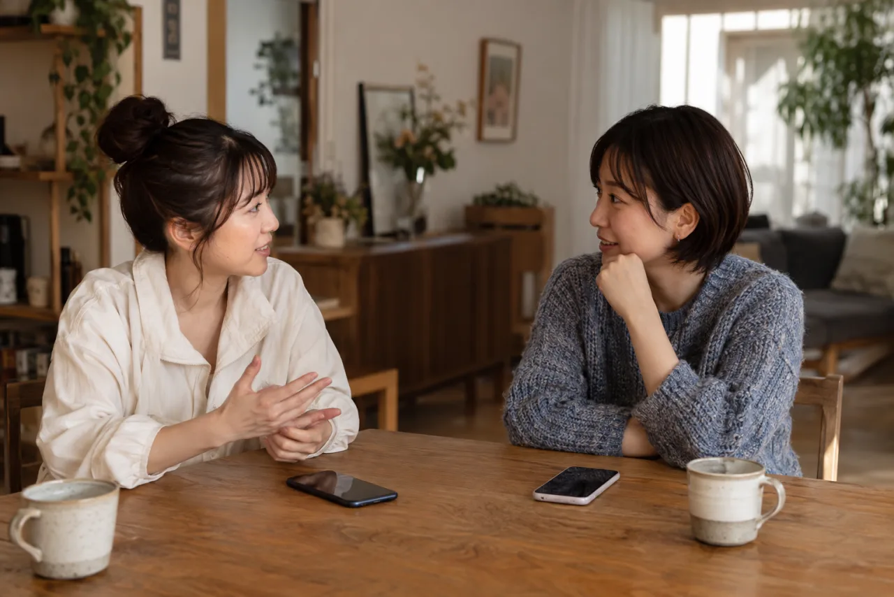 友人同士が位置情報共有の範囲とルールを相談している様子