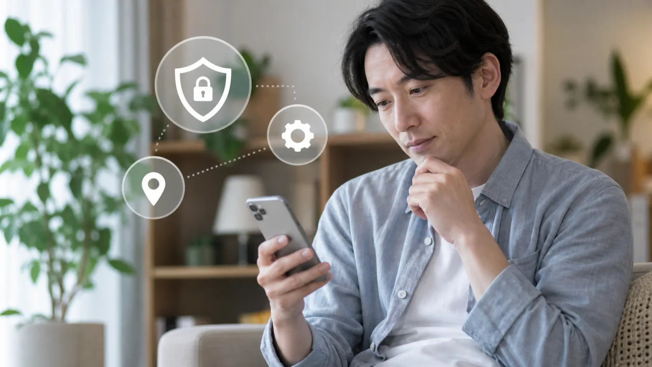iPhoneの位置情報とプライバシー設定を確認する日本人男性