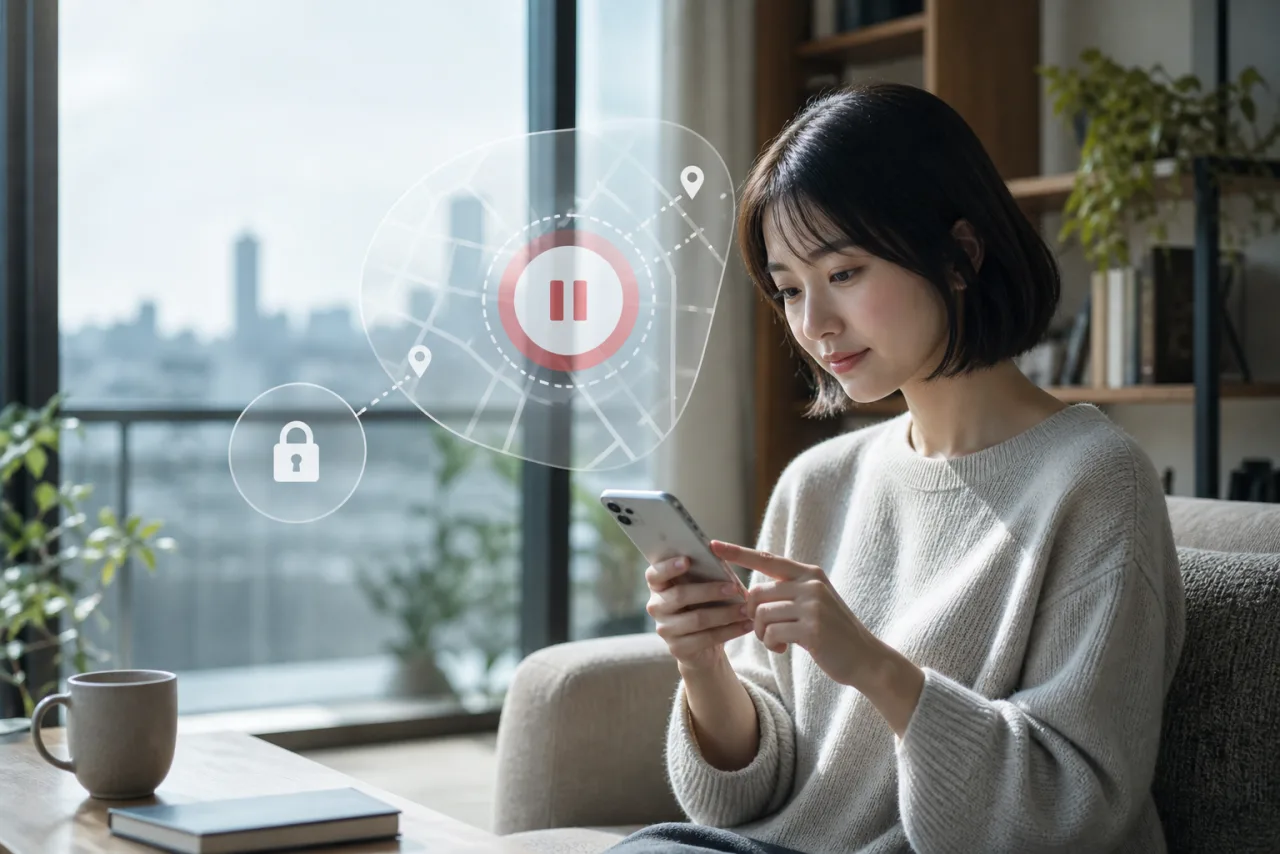 スマートフォンで位置情報共有を停止しプライバシーを確認する日本人男性