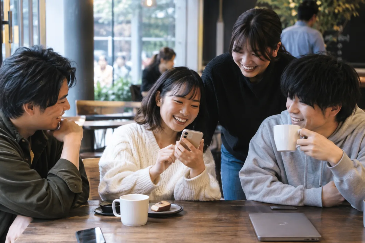 友人たちが外出後の連絡を確認してカフェで安心して話している様子