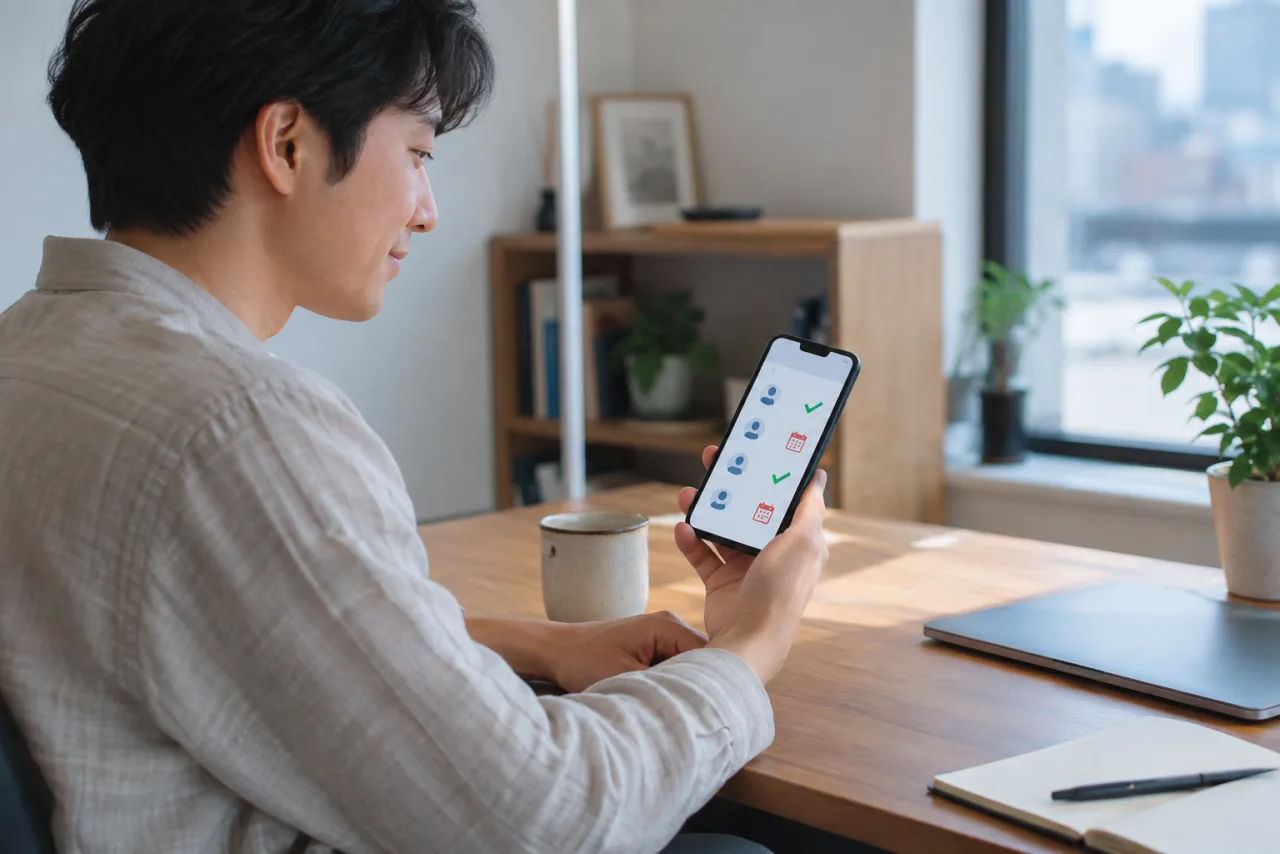 スマートフォンで位置情報を共有している相手と期限を確認する様子