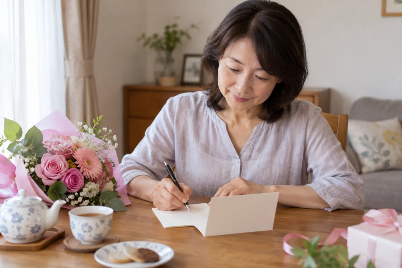 日本人女性が花束と誕生日カードを前にしてメッセージを書いている様子
