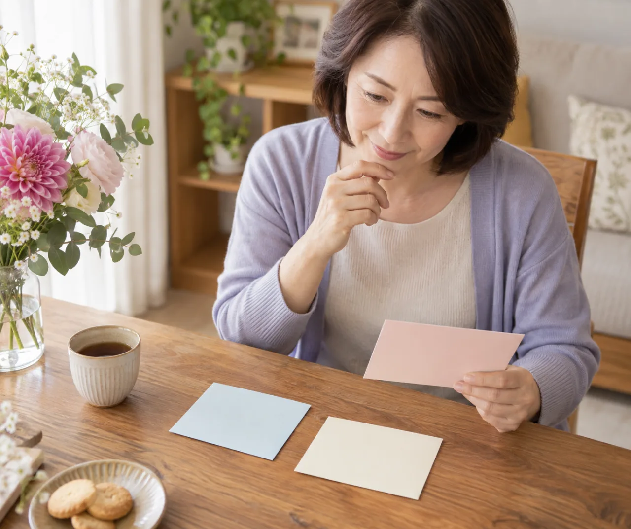 日本人の女性の友人二人が共有した旅行の写真アルバムを見ながら話している様子