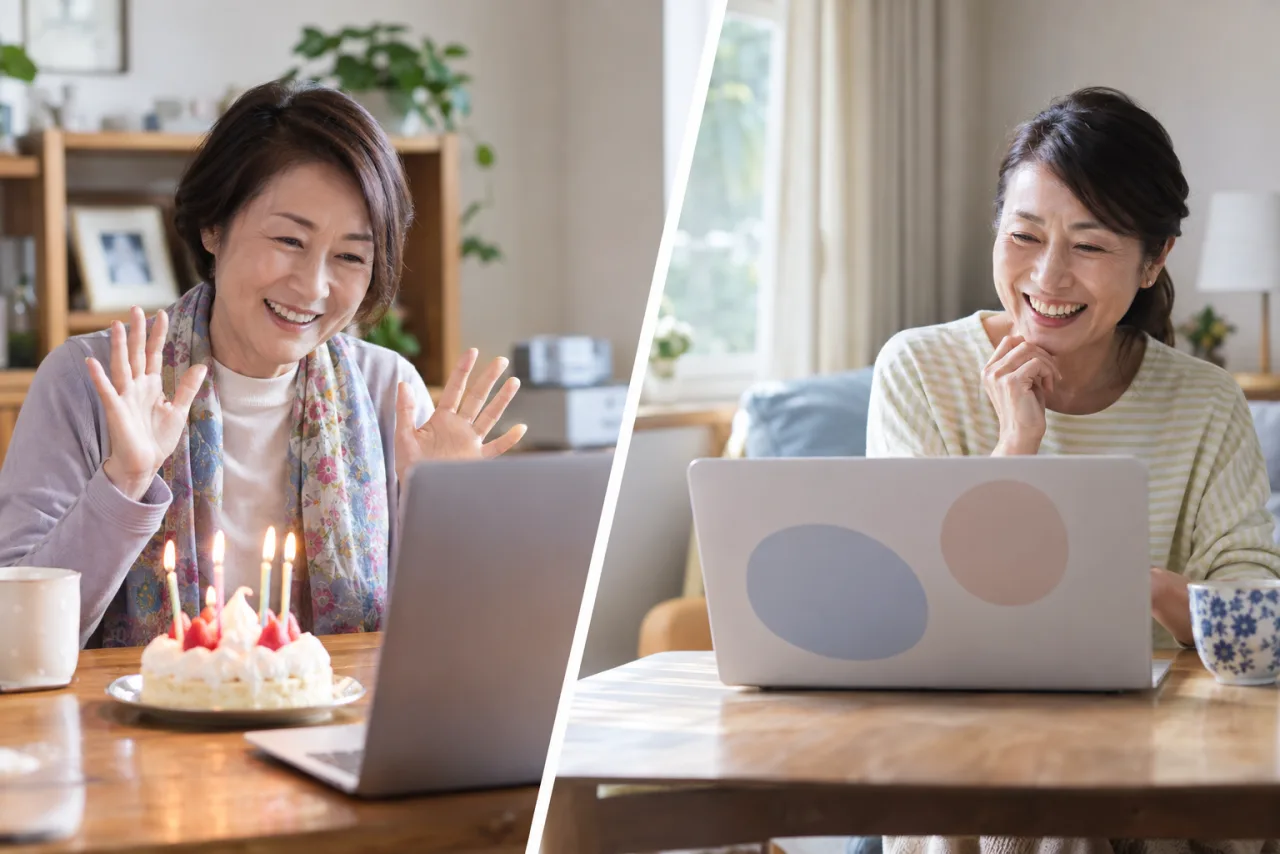 日本人女性が色の違う白紙のカードを並べて誕生日メッセージの雰囲気を選んでいる様子