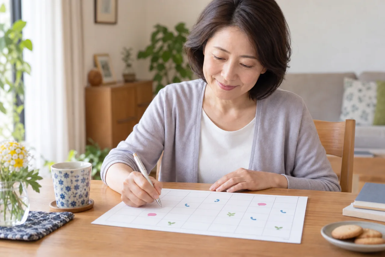 日本人女性がスマートフォンを置き、友達との連絡頻度を自分のペースで考えている様子