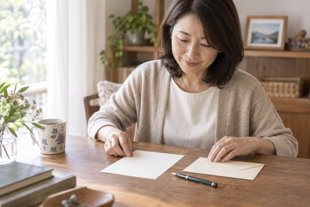 便箋と封筒を机に並べて友達への手紙を書き始める日本人女性の編集写真