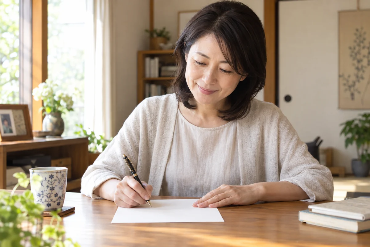手紙の下書きを短く整える日本人女性の手元の編集写真