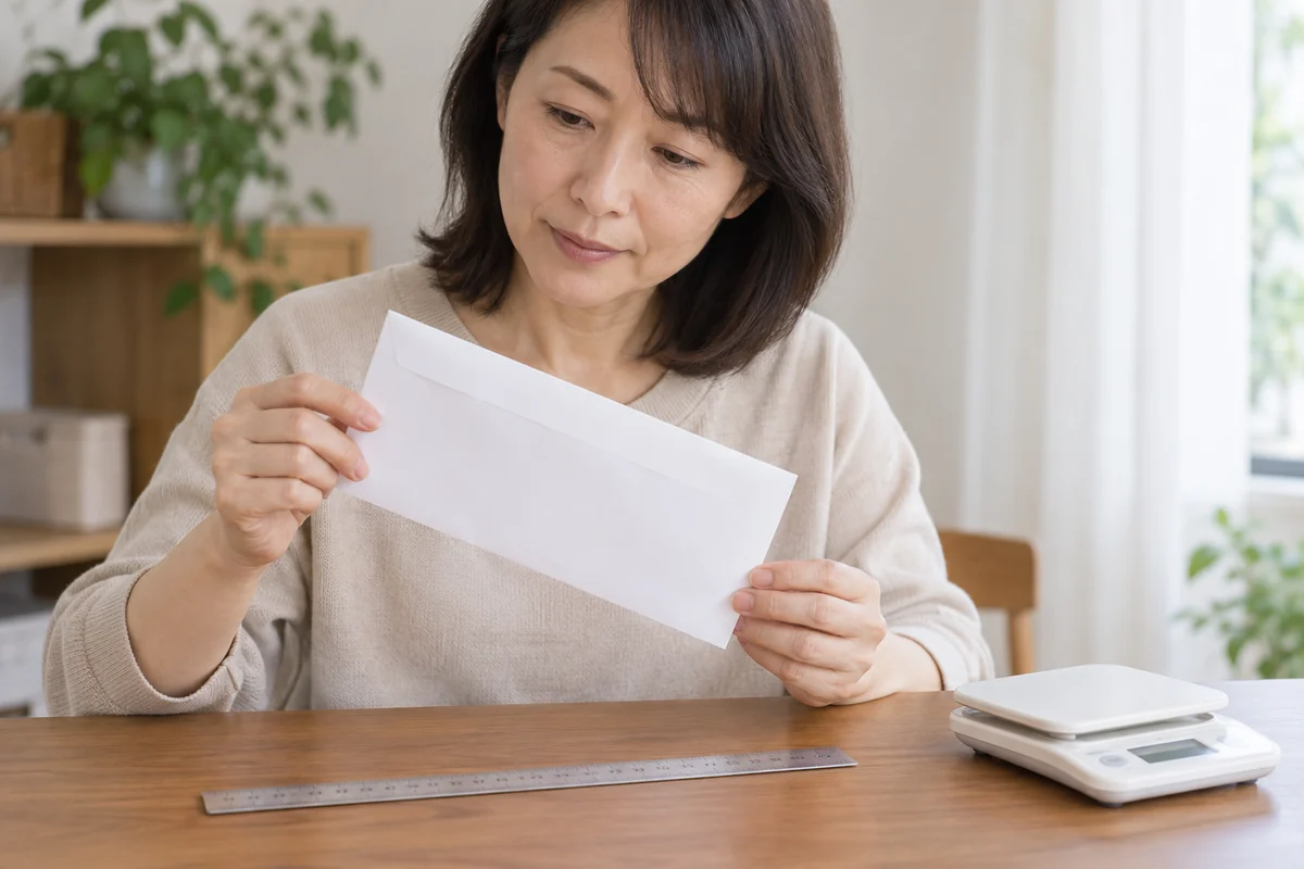 便箋と封筒の大きさと厚さを定規で確かめる日本人女性の編集写真