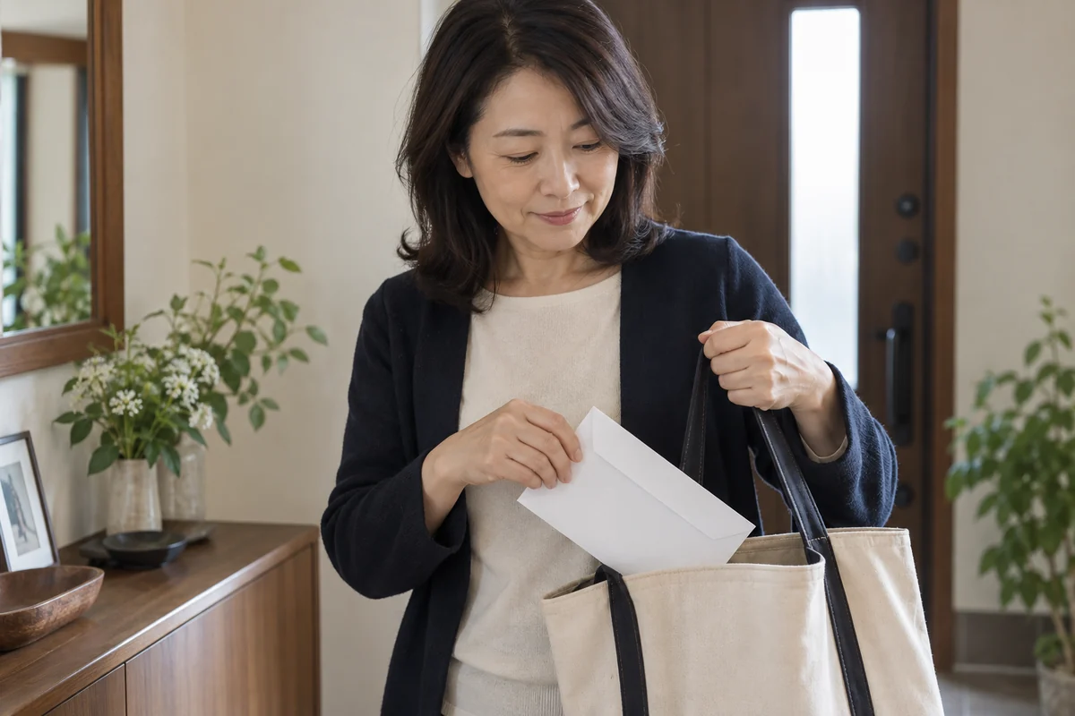 封筒をバッグに入れて手渡しの準備をする日本人女性の編集写真