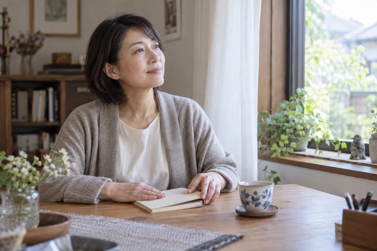 手紙を急いで送らずノートを閉じて一息つく日本人女性の編集写真