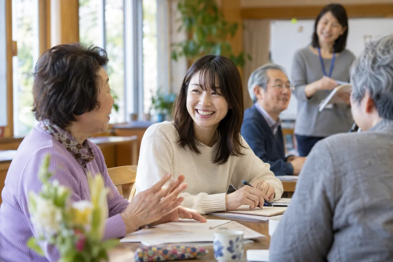 地域の講座で自然に人と話すきっかけを考える日本人女性
