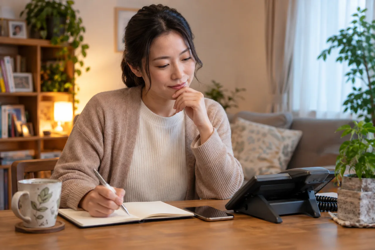 相談窓口に話す内容を整理する日本人女性