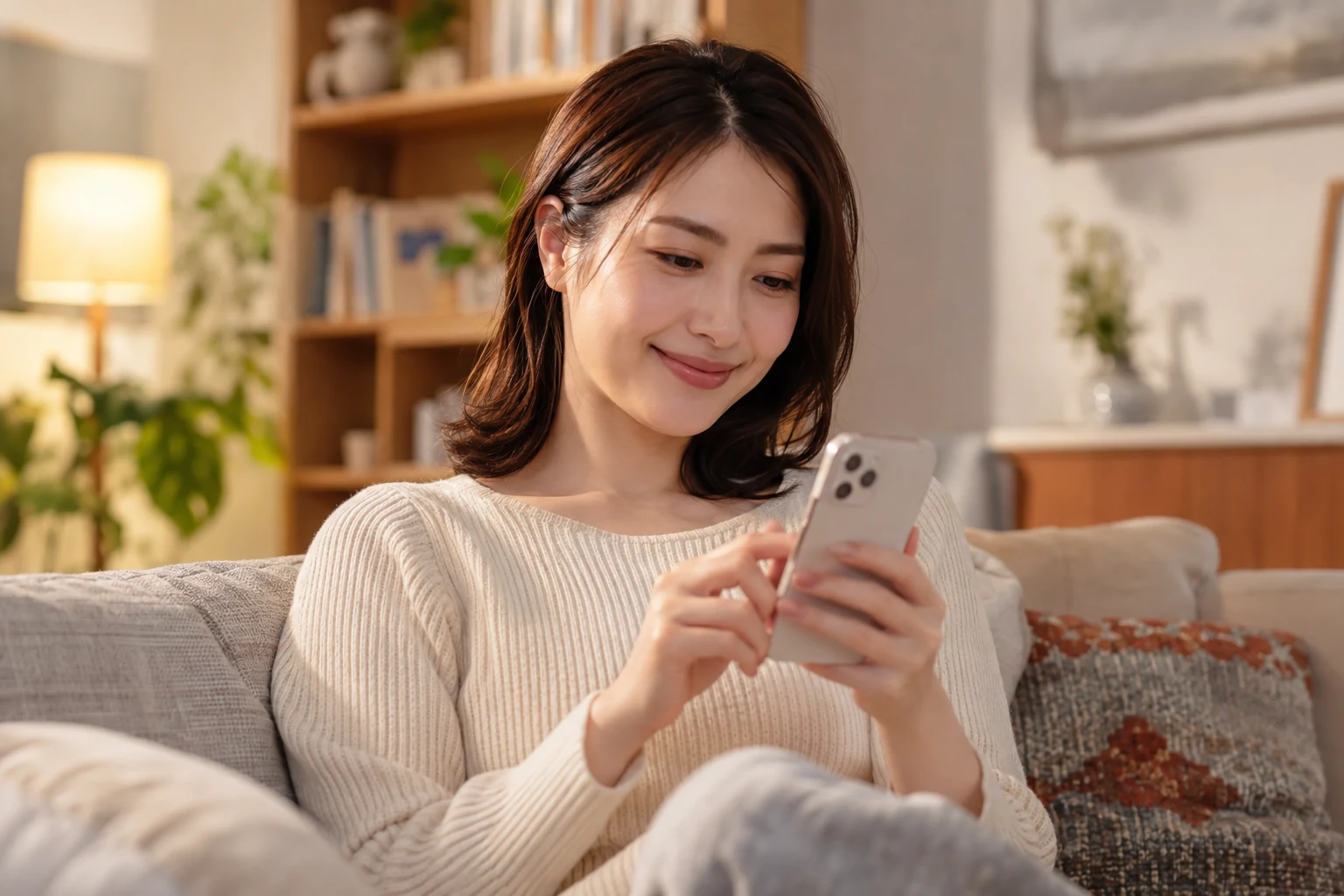 日本人の女性が友人とのメッセージを見返す様子