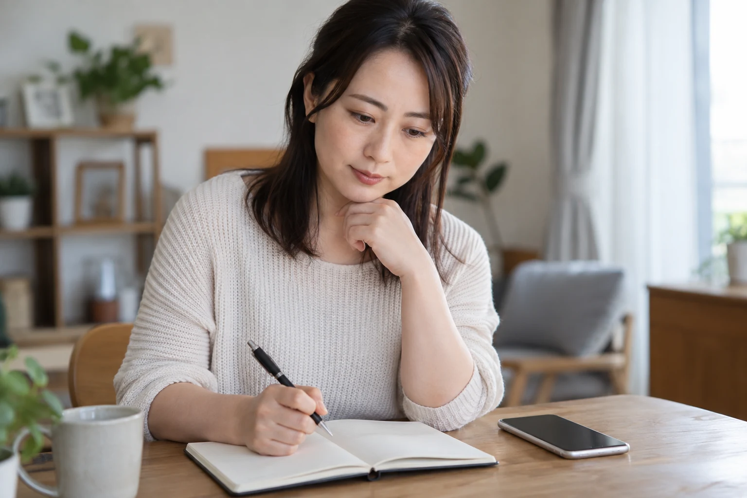 日本人の女性が自分の希望を鏡の前で確認する様子