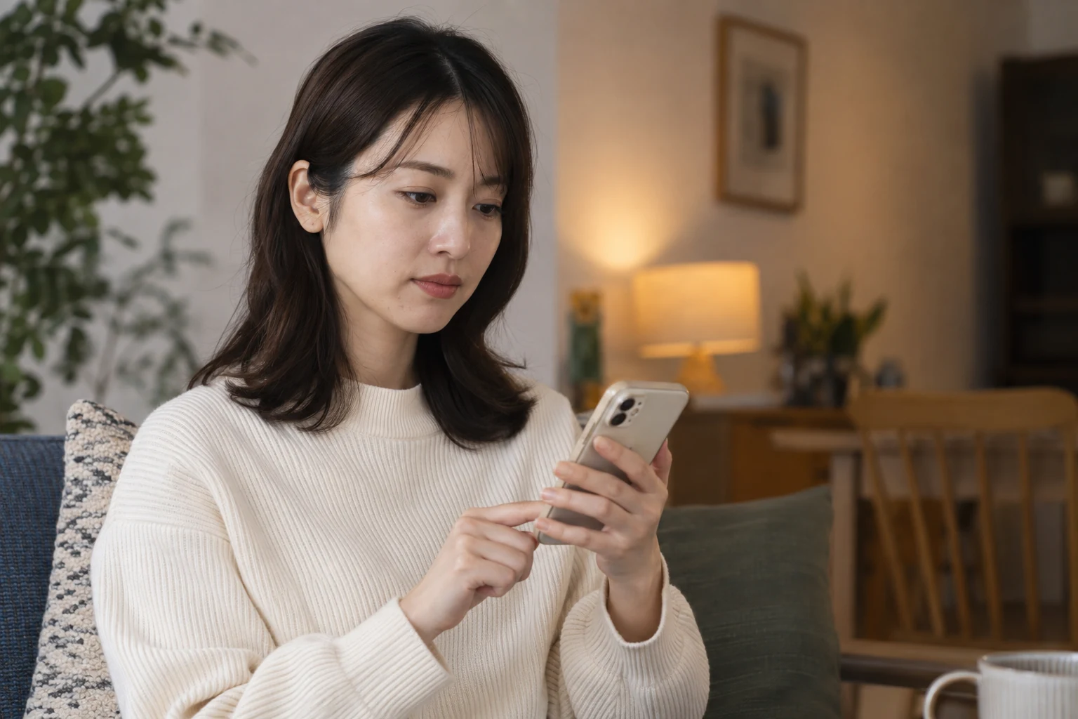日本人の女性が連絡を休むためスマートフォンを置く様子