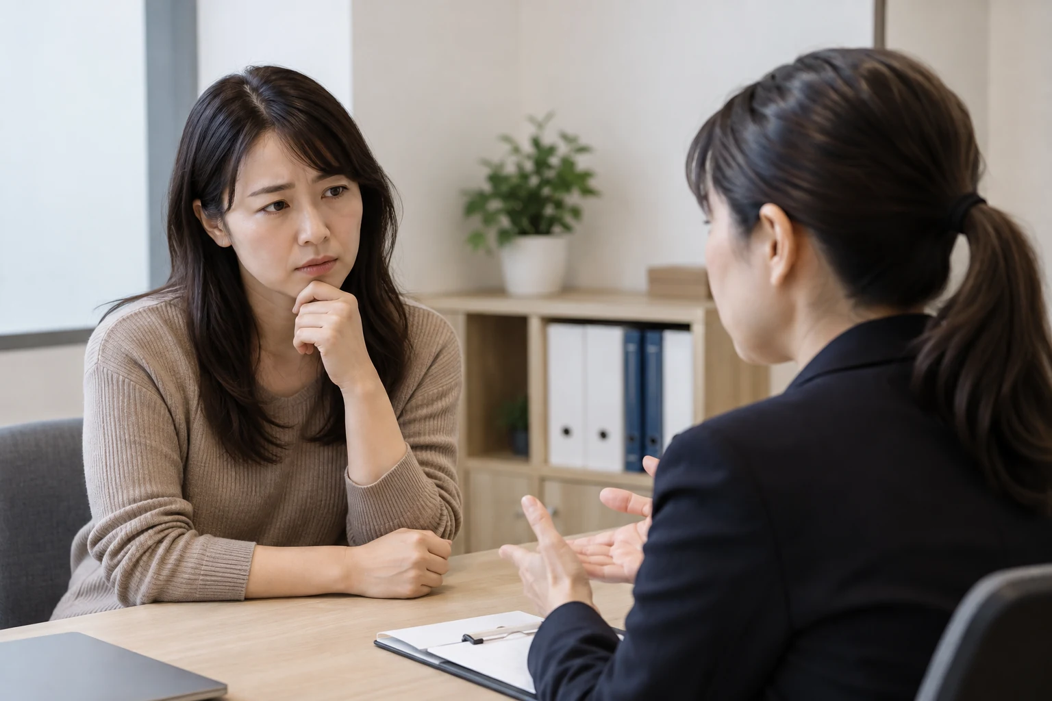 日本人の相談員が関係の悩みを聞く様子