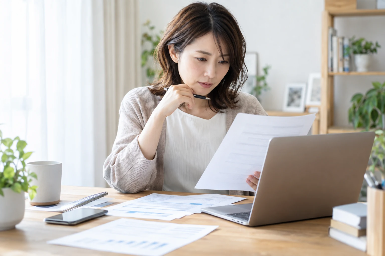 転職エージェントから紹介された求人票の条件を確認している女性