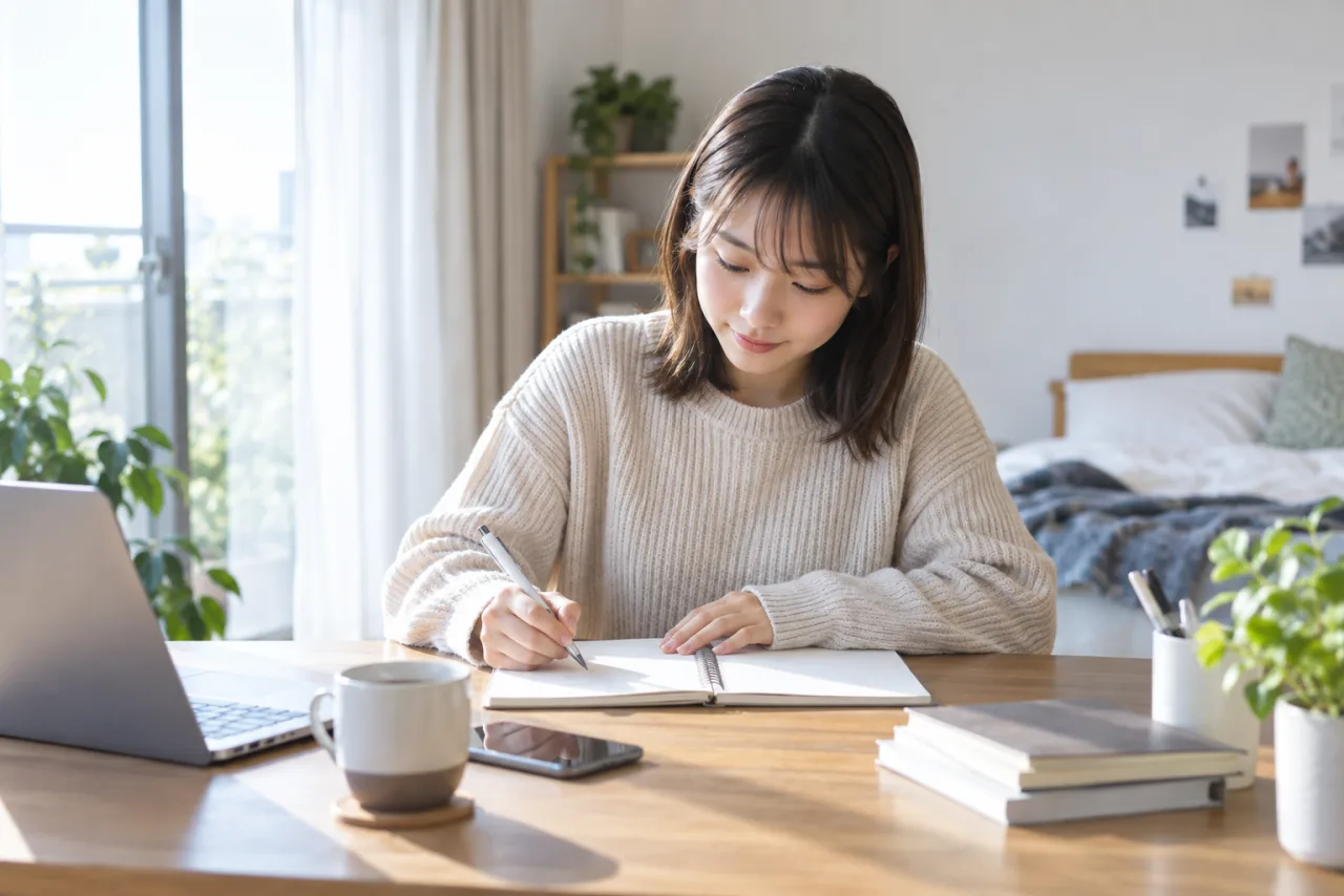 若い女性がこれまでの仕事経験と正社員になりたい理由をノートに整理する様子