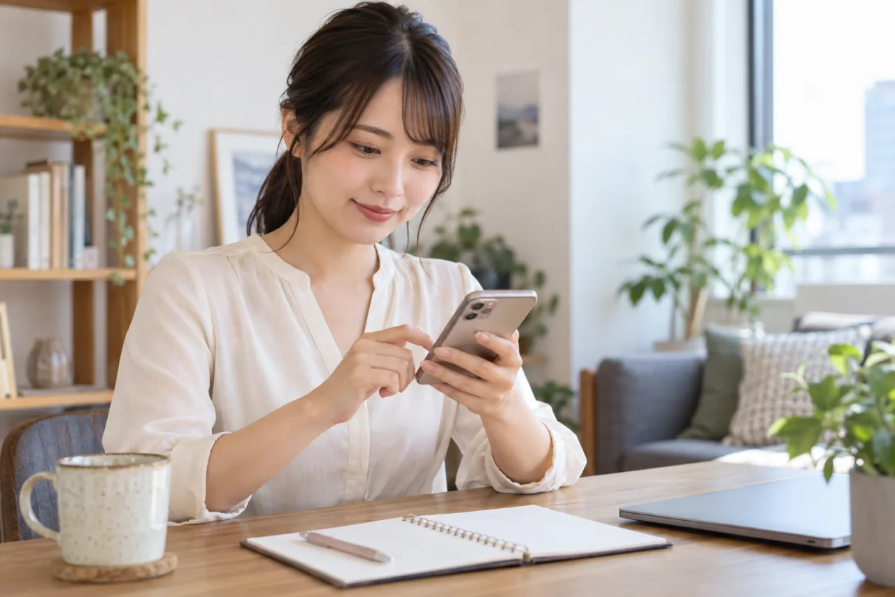 若い女性が転職エージェントへの断り方と連絡停止の文面をメモする様子
