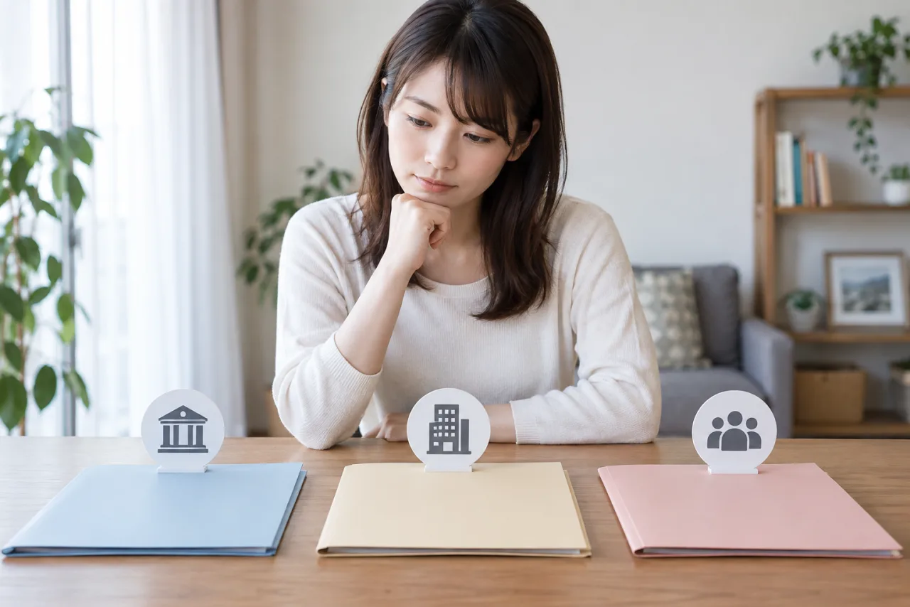 若い女性が転職エージェントとハローワークと企業応募の選択肢を比較する様子