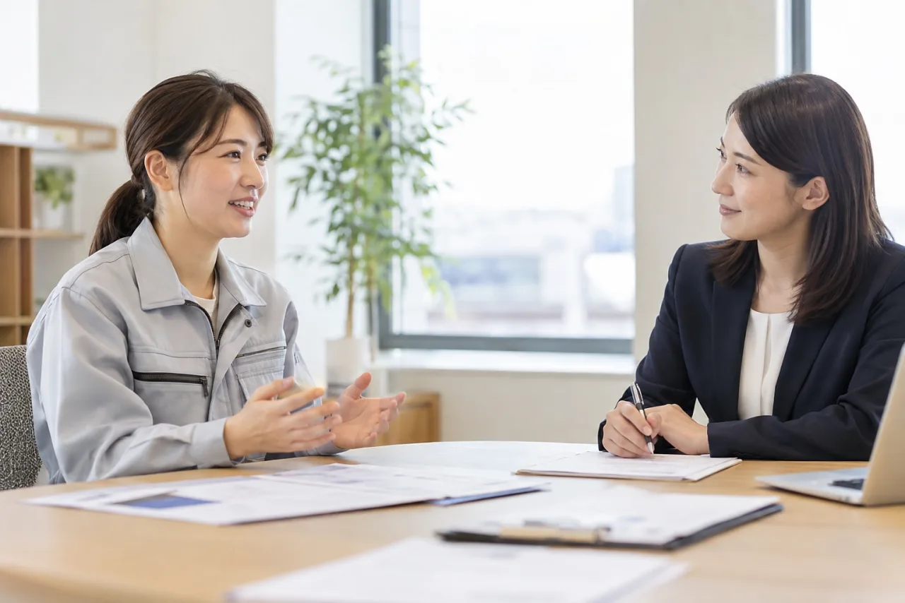 日本人女性の施工管理担当者が建設現場で図面を確認している