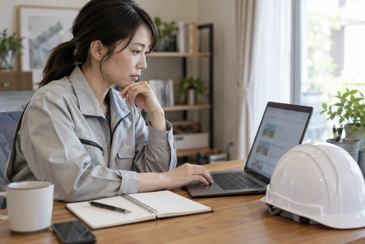 日本人女性の施工管理担当者が自宅で求人情報を確認している