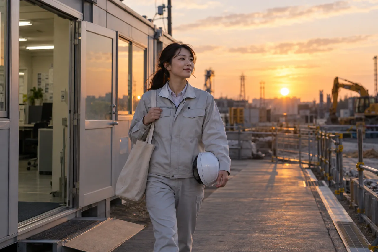 日本人女性が施工管理の通勤時間と残業を予定表と地図で比較している