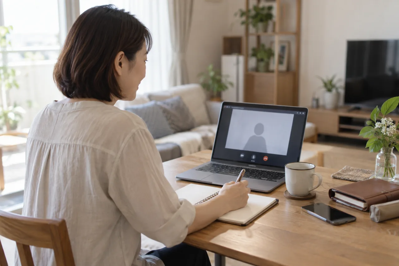 日本人女性がオンライン面談と転職エージェントの連絡方法を確認している