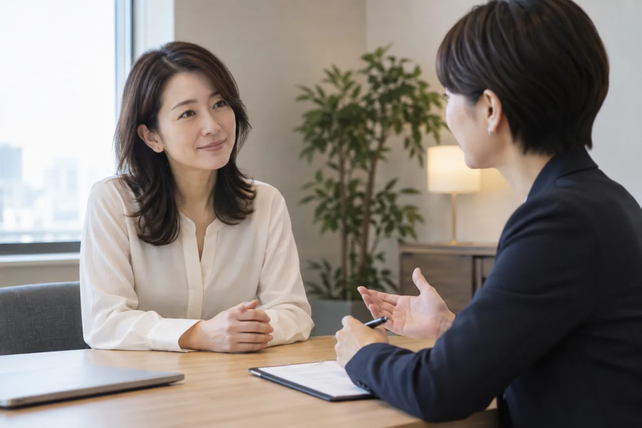 キャリアコンサルタントに転職希望を相談する日本人女性