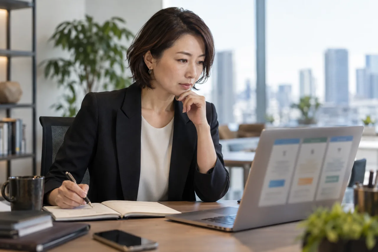 専門職の求人カテゴリをノートとパソコンで比較する日本人女性