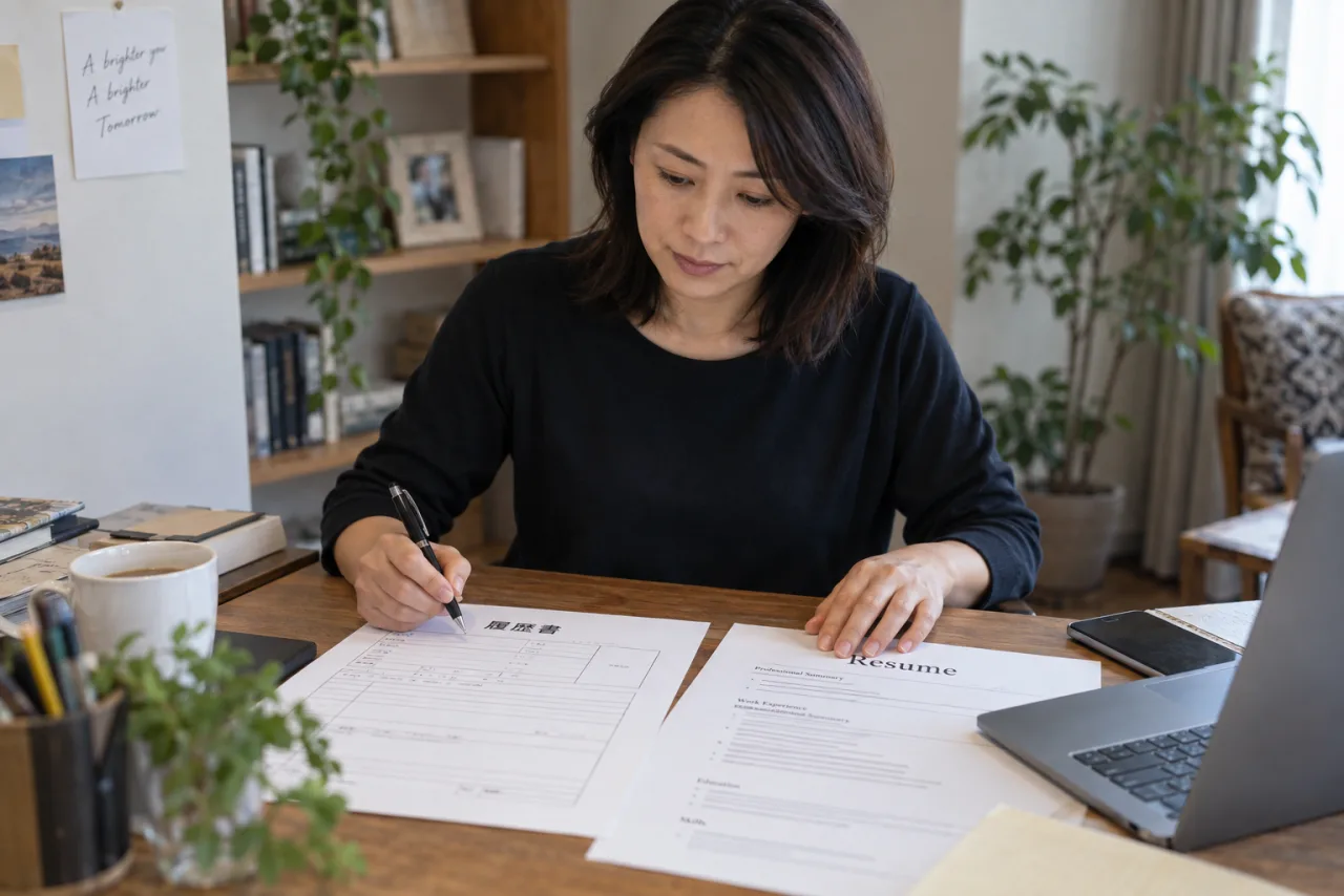 職務経歴書と英文レジュメを準備する日本人女性