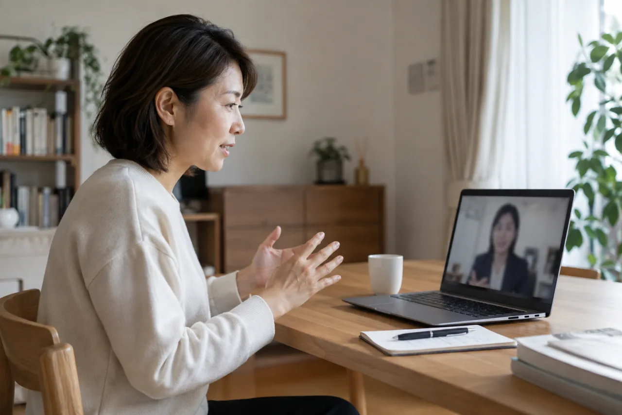 オンライン面談で転職相談を受ける日本人女性