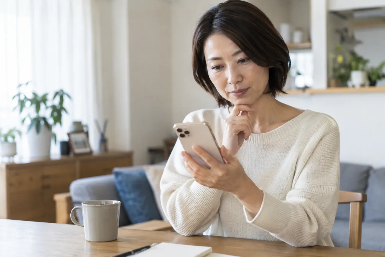 転職サービスの連絡方法をスマートフォンで確認する日本人女性