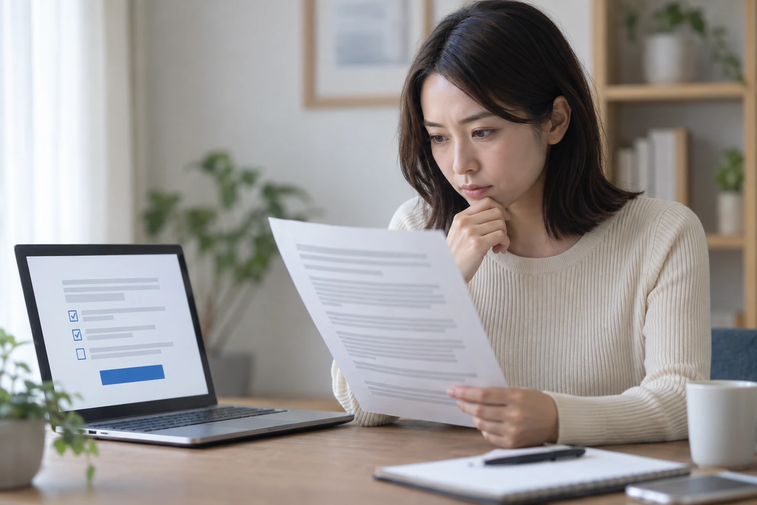 紹介された求人の賃金や仕事内容を確認する女性