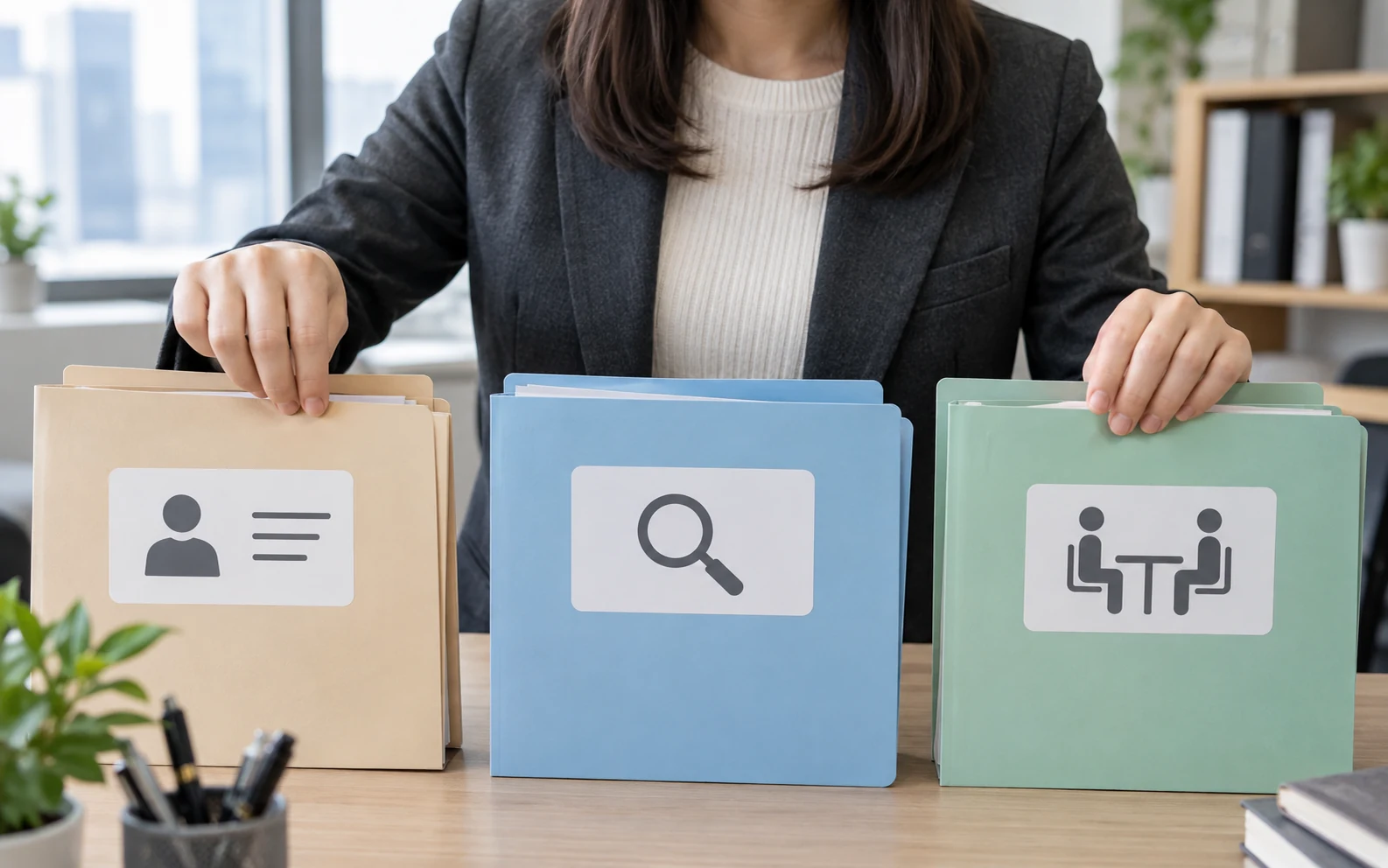 30代会社員が職歴整理と求人確認と選考支援の役割を三つのカードに分けている様子