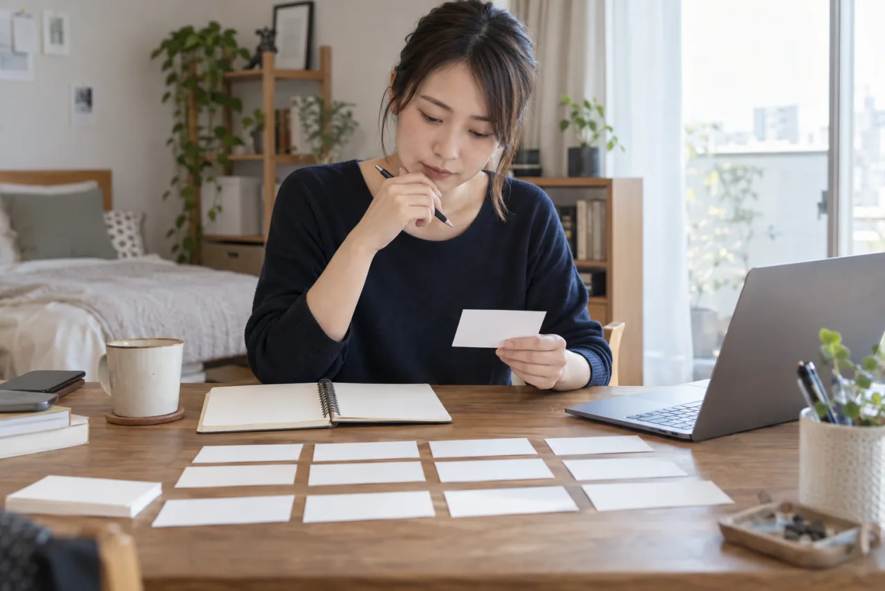 日本人の30代が担当した課題と行動と結果をノートに整理している場面