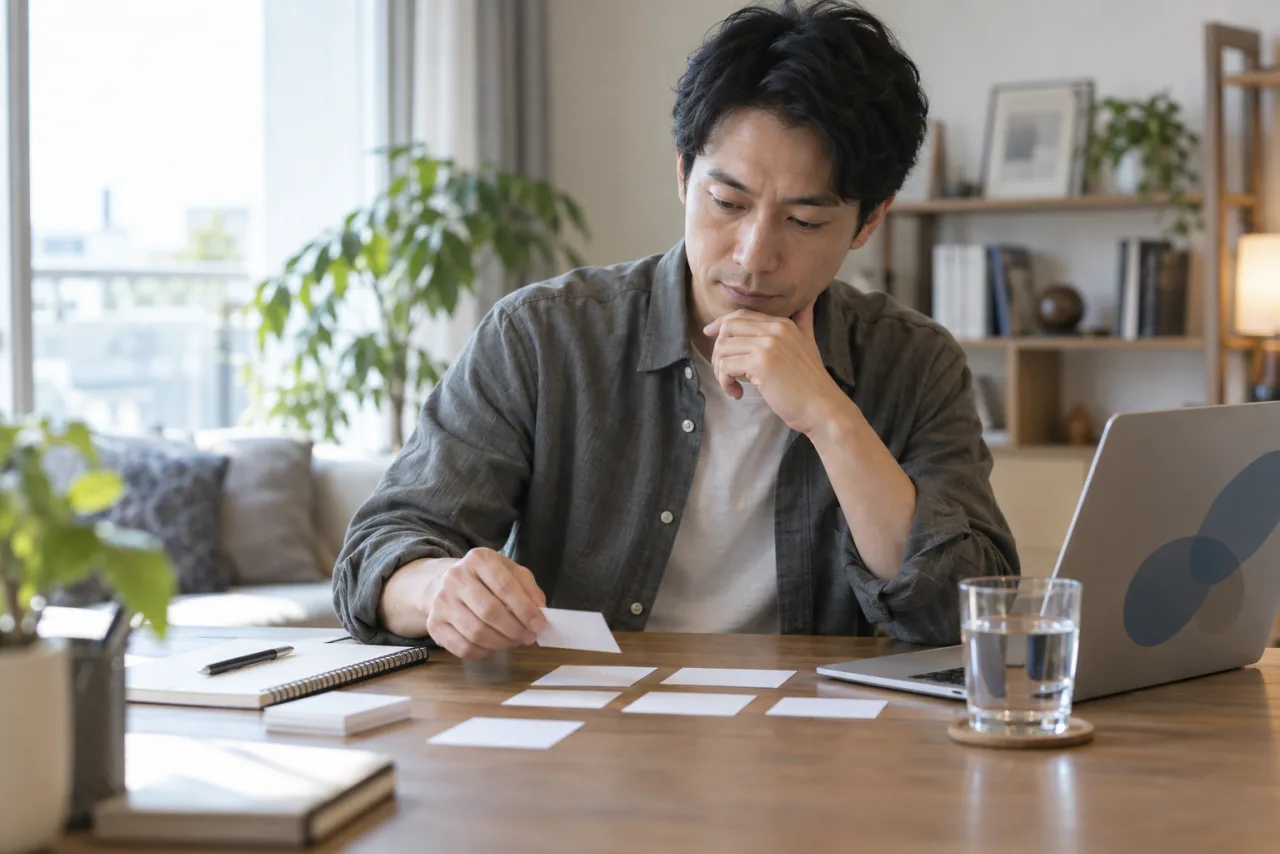 30代の日本人が面接で話す実績と転職理由を事実と感情に分けて準備している場面