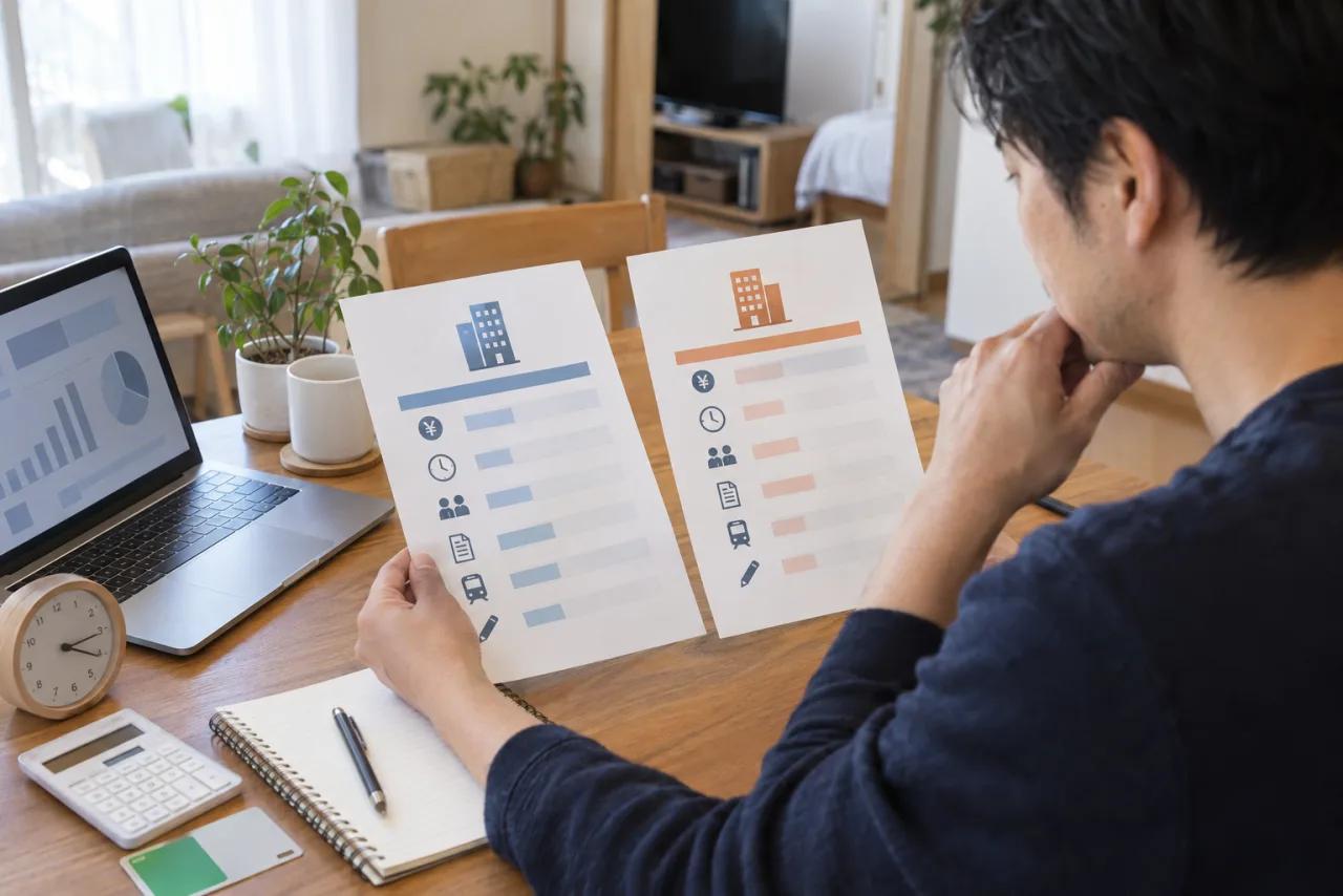 30代の転職希望者が複数の求人票の給与や時間や試用期間を比較している場面