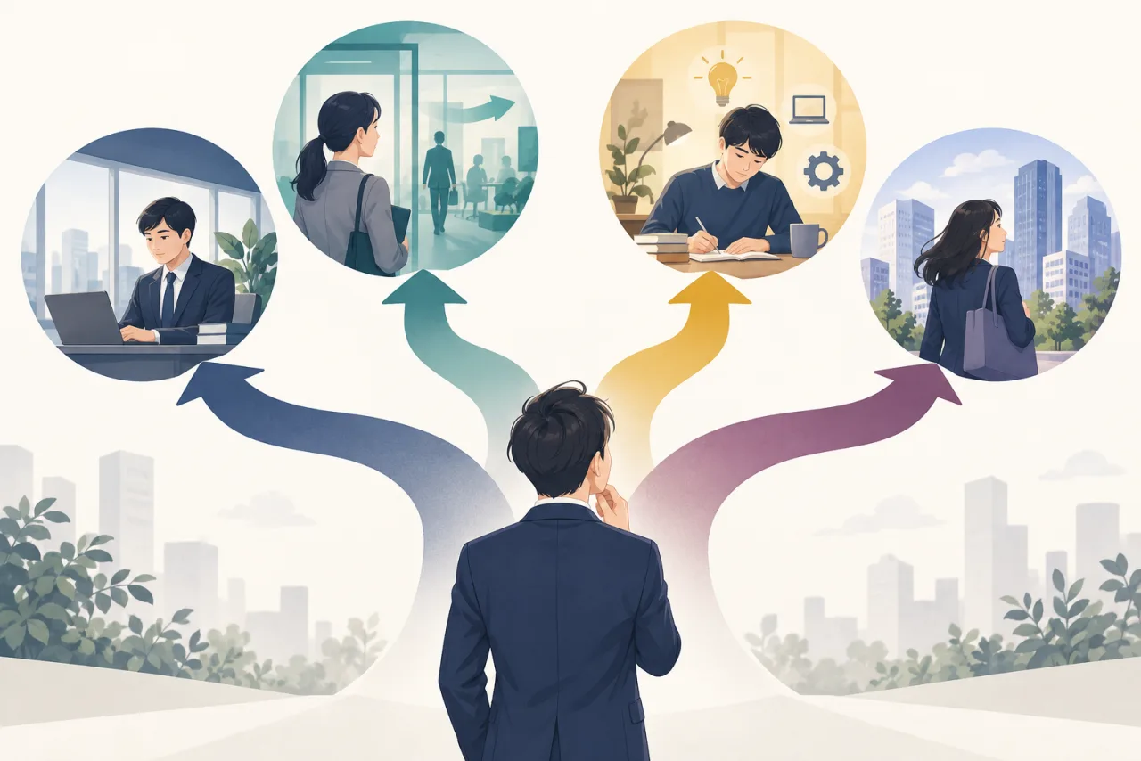 現職継続と社内異動と学び直しと転職を比較する選択肢のボード