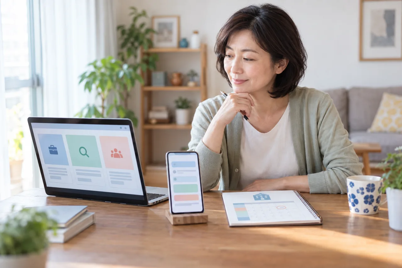 日本人女性が求人サイトと公的窓口と相談サービスの探し方を比較している