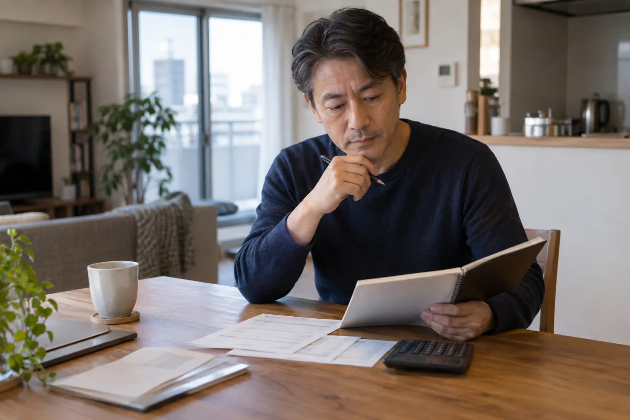 転職のきっかけと家計をノートに整理する50代の日本人男性