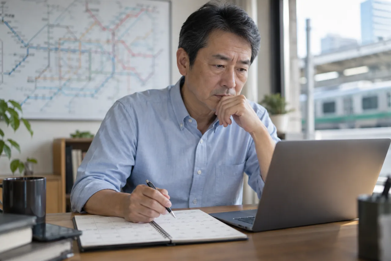 転職先の通勤時間と勤務条件を確認する50代の日本人男性