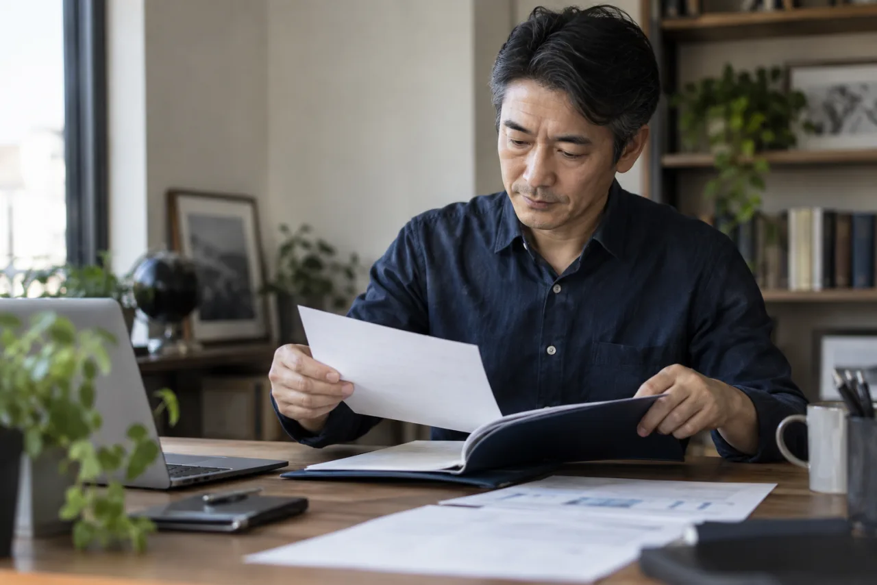 求人票と労働条件通知書を照合する50代の日本人男性