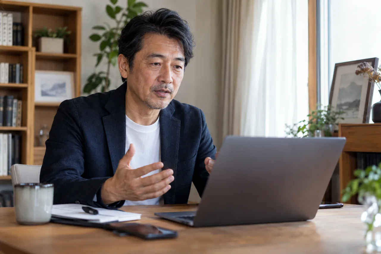 オンラインで転職相談を受ける50代の日本人男性